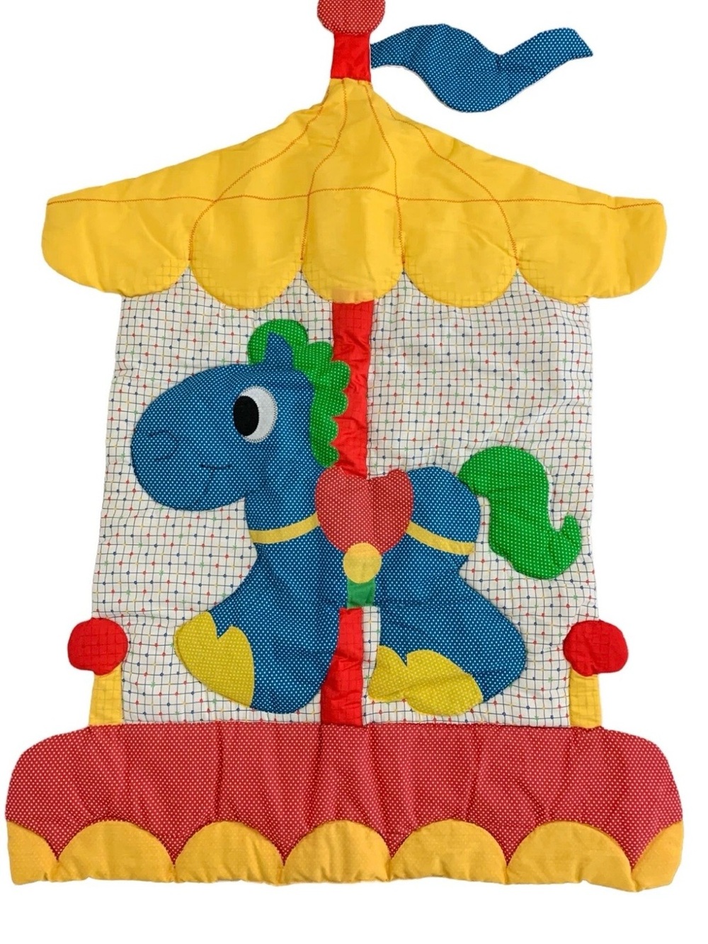 VTG Quilted Nursery Wall Hanging Carousel Horse Primary Colors Baby Decor 48x33